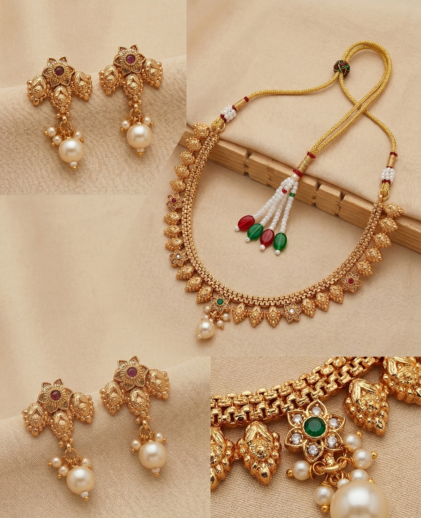 Traditional Matte Gold Plated Temple Jewellery Necklace Set with Earrings for Women