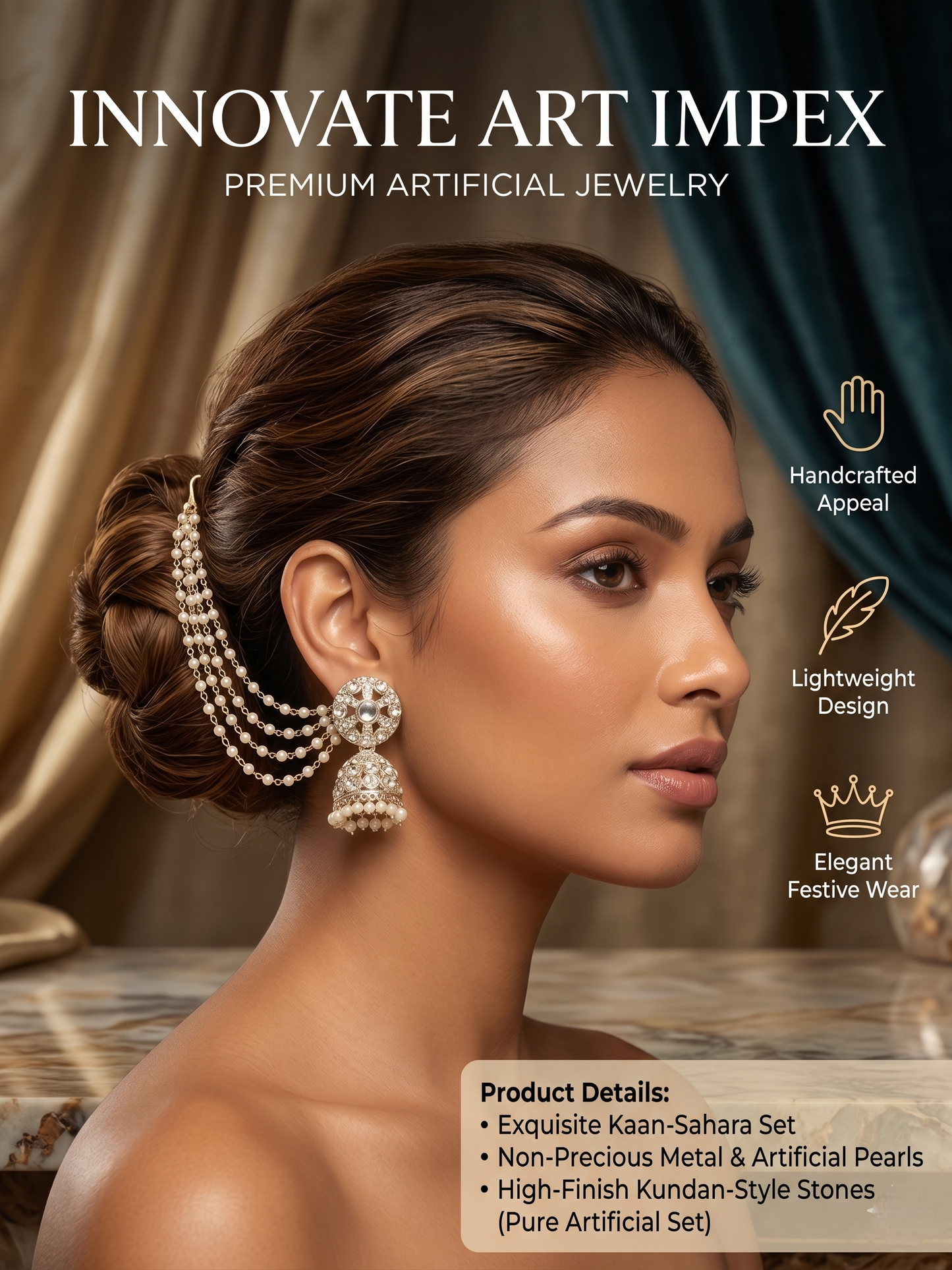 Traditional Artificial Pearl Jhumka Earrings with 3-Tier Ear Chain Sahara for Women | Kundan Style Clear Stone Bell Drop Jhumki with Hair Chain | Ethnic Bridal Wedding Jewellery