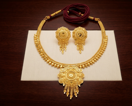 Close-up view of premium artificial Exquisite Traditional Gold Tone Floral Pendant Necklace & Earring Set by Innovate Art Impex.