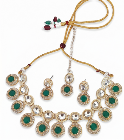 Jewelry set with necklace, earrings, and hair accessories on a white background