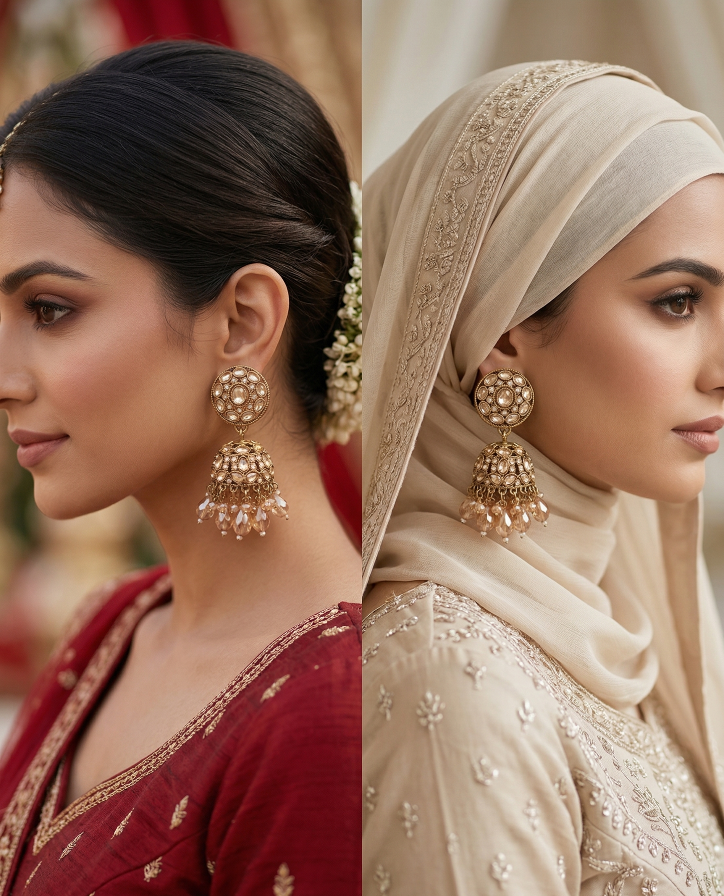 Close-up view of premium artificial Traditional Gold-Plated Round Stud Jhumka Earrings with Champagne Crystal Drops for Women. by Innovate Art Impex.