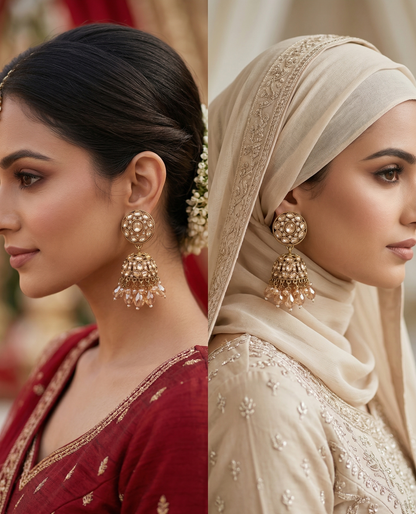 Close-up view of premium artificial Traditional Gold-Plated Round Stud Jhumka Earrings with Champagne Crystal Drops for Women. by Innovate Art Impex.