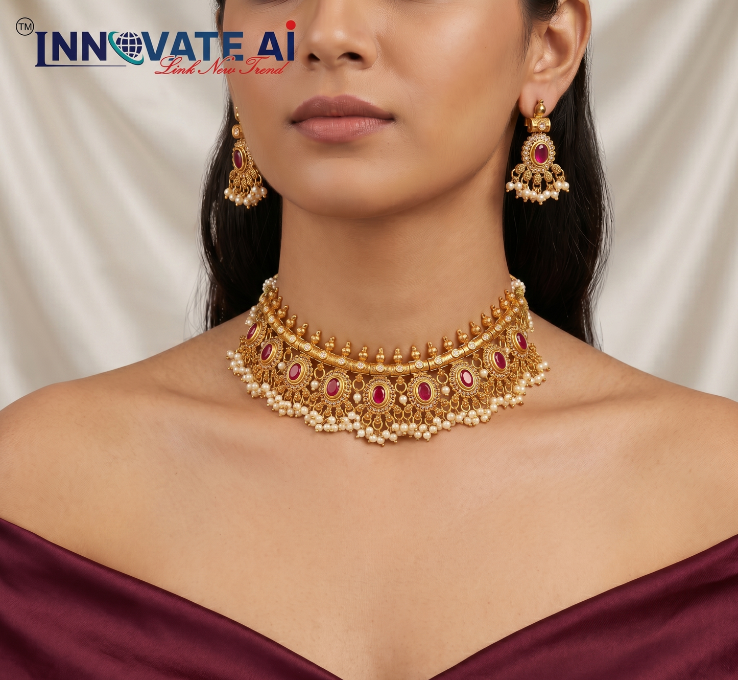 The Heritage Ruby Cabochon Antique Gold Choker Set