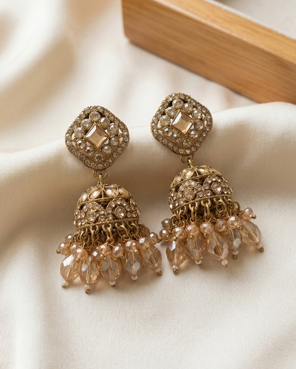 Close-up view of premium artificial Elegant Square-Shaped Kundan Studded Jhumka Earrings for Party and Festive Wear. by Innovate Art Impex.