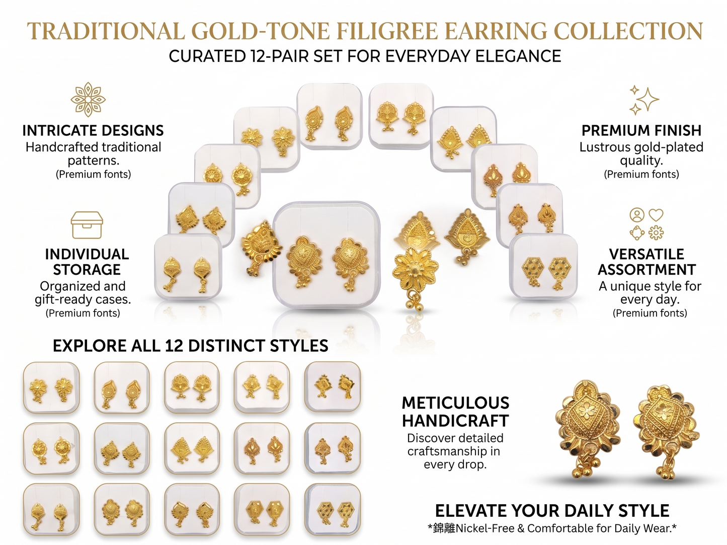 Traditional gold-tone filigree earring collection with 12 pairs on a white background.