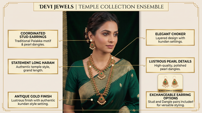 Antique Gold-Toned Palakka Motif Layered Temple Necklace Combo Set with Artificial Stones