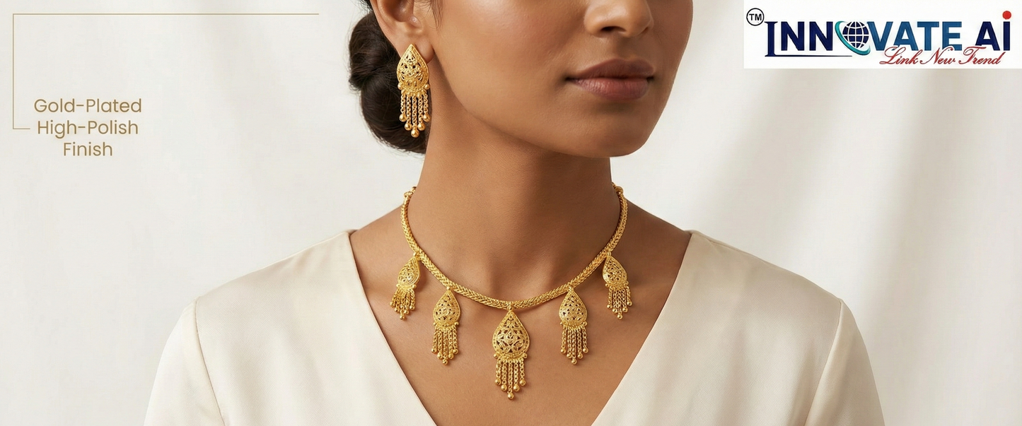 Close-up view of premium artificial Innovate Art Impex Gold Finished Filigree Teardrop Necklace with Jhumka Style Dangle Earrings   Ethnic Wedding Party Jwellery for Saree, Lehenga & Girls Dresses by Innovate Art Impex.