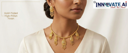 Close-up view of premium artificial Innovate Art Impex Gold Finished Filigree Teardrop Necklace with Jhumka Style Dangle Earrings   Ethnic Wedding Party Jwellery for Saree, Lehenga & Girls Dresses by Innovate Art Impex.