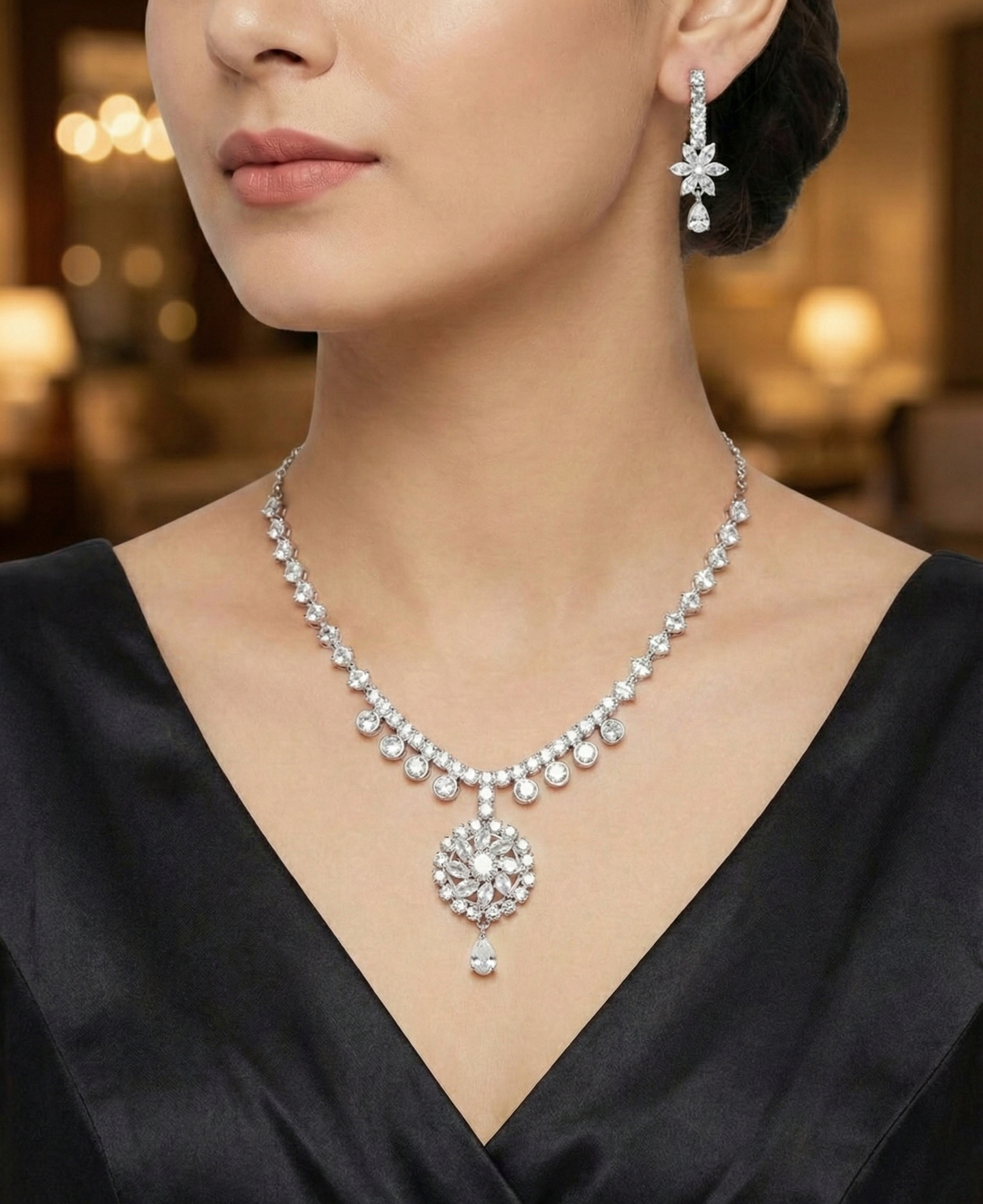 Close-up view of premium artificial Elegant Silver Floral Drop Bridal Jewelry Set (Necklace & Earrings) by Innovate Art Impex.