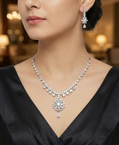 Close-up view of premium artificial Elegant Silver Floral Drop Bridal Jewelry Set (Necklace & Earrings) by Innovate Art Impex.
