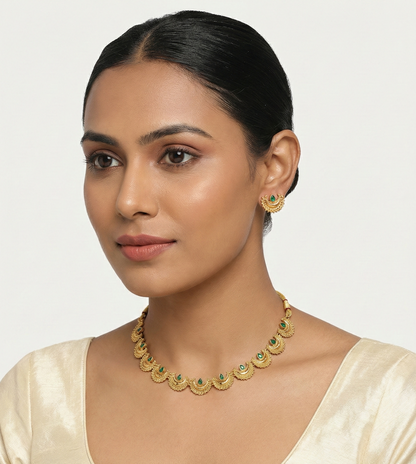Close-up view of premium artificial Traditional Maharashtrian Chandrakor Green Stone Necklace Set   Gold Plated by Innovate Art Impex.
