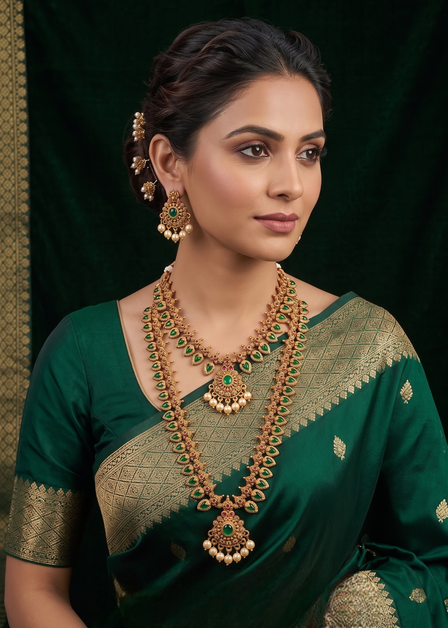 Antique Gold-Toned Palakka Motif Layered Temple Necklace Combo Set with Artificial Stones