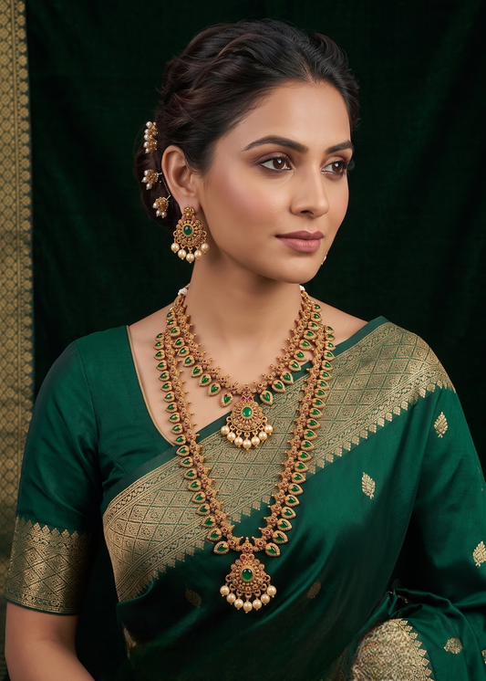Antique Gold-Toned Palakka Motif Layered Temple Necklace Combo Set with Artificial Stones