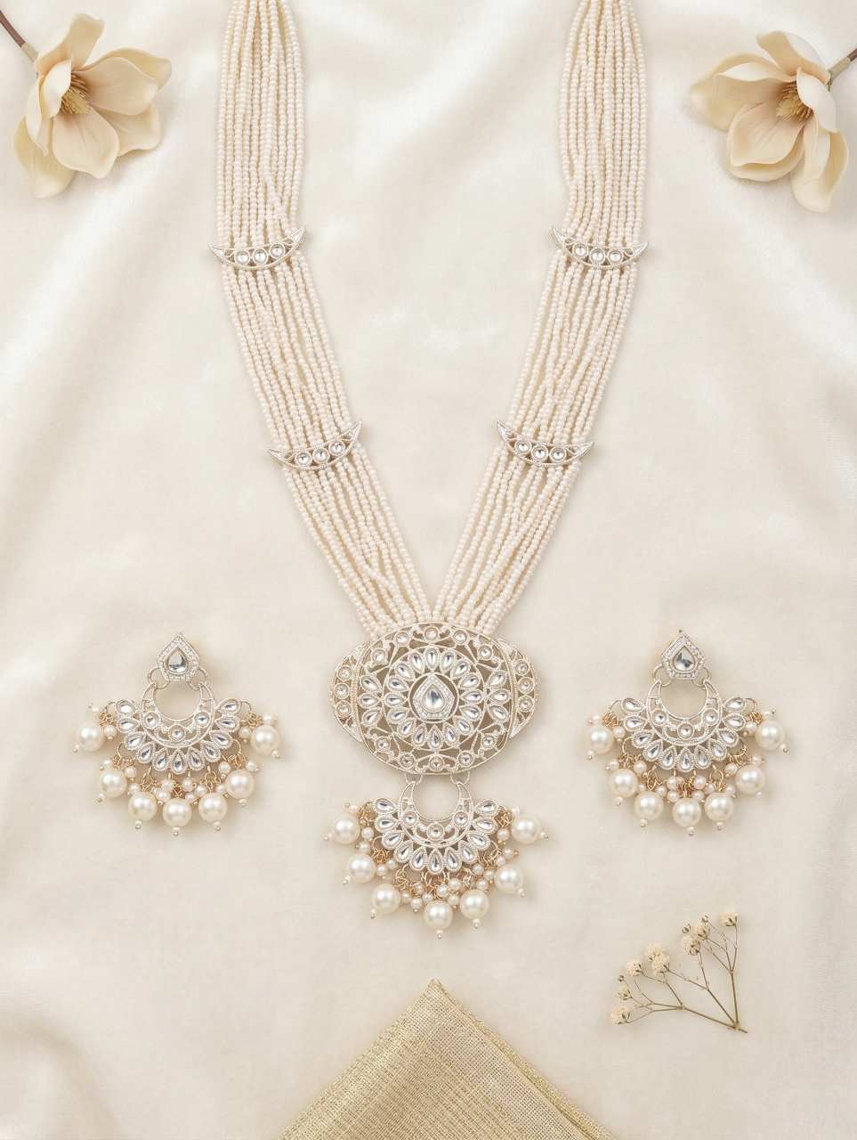 Close-up view of premium artificial Royal Kundan Rani Haar Long Necklace Set with Multi-Strand Pearls & Earrings by Innovate Art Impex.