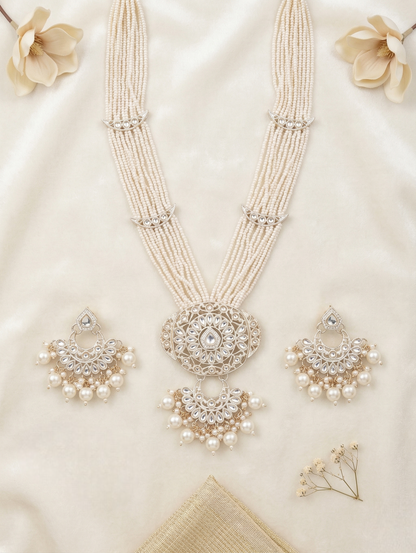 Close-up view of premium artificial Royal Kundan Rani Haar Long Necklace Set with Multi-Strand Pearls & Earrings by Innovate Art Impex.