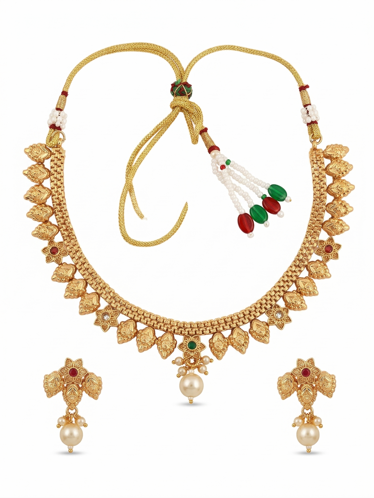 Traditional Matte Gold Plated Temple Jewellery Necklace Set with Earrings for Women