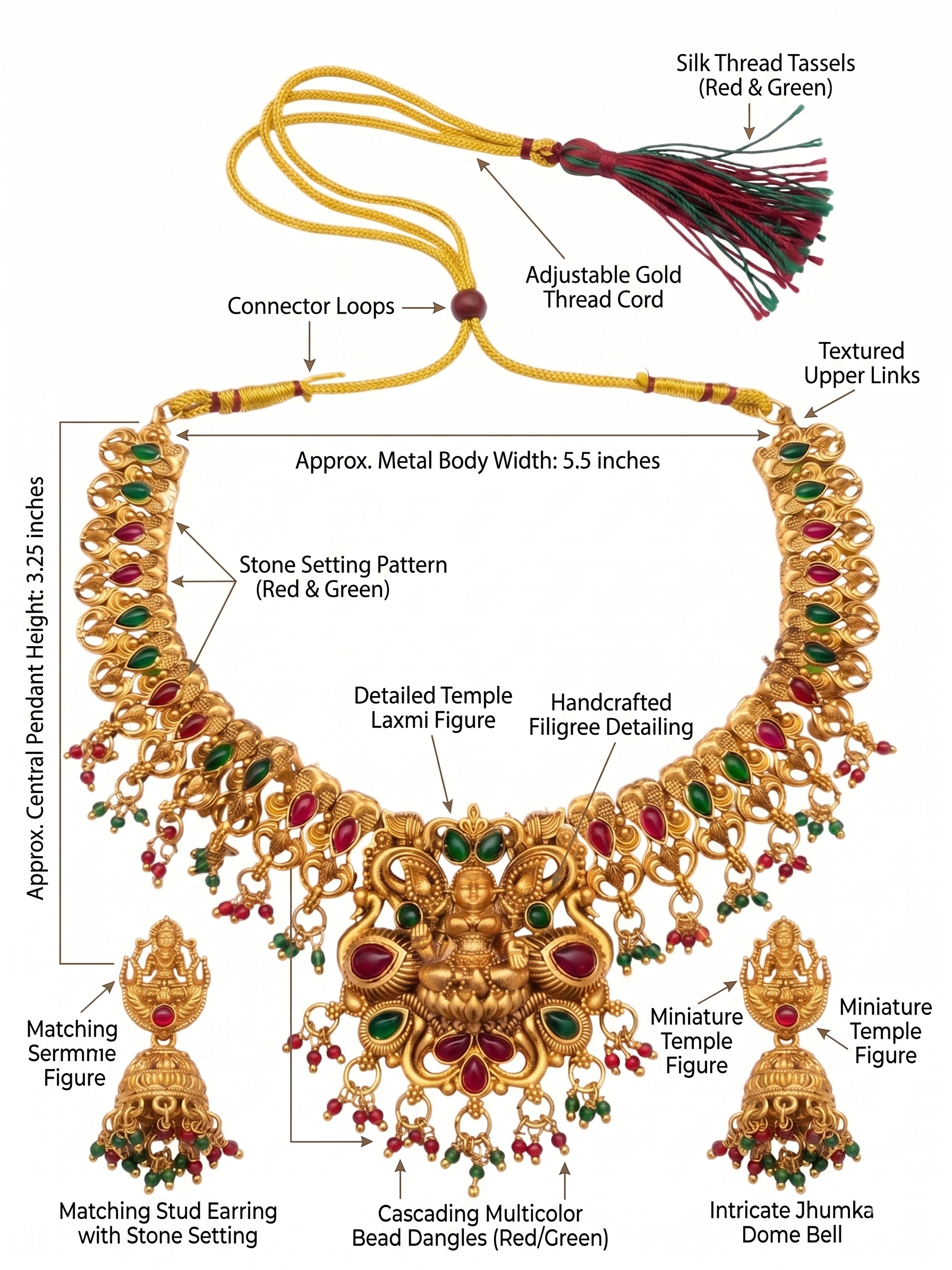 Handcrafted Antique Gold Temple Jewelry Set: Goddess Lakshmi Choker & Matching Jhumkas