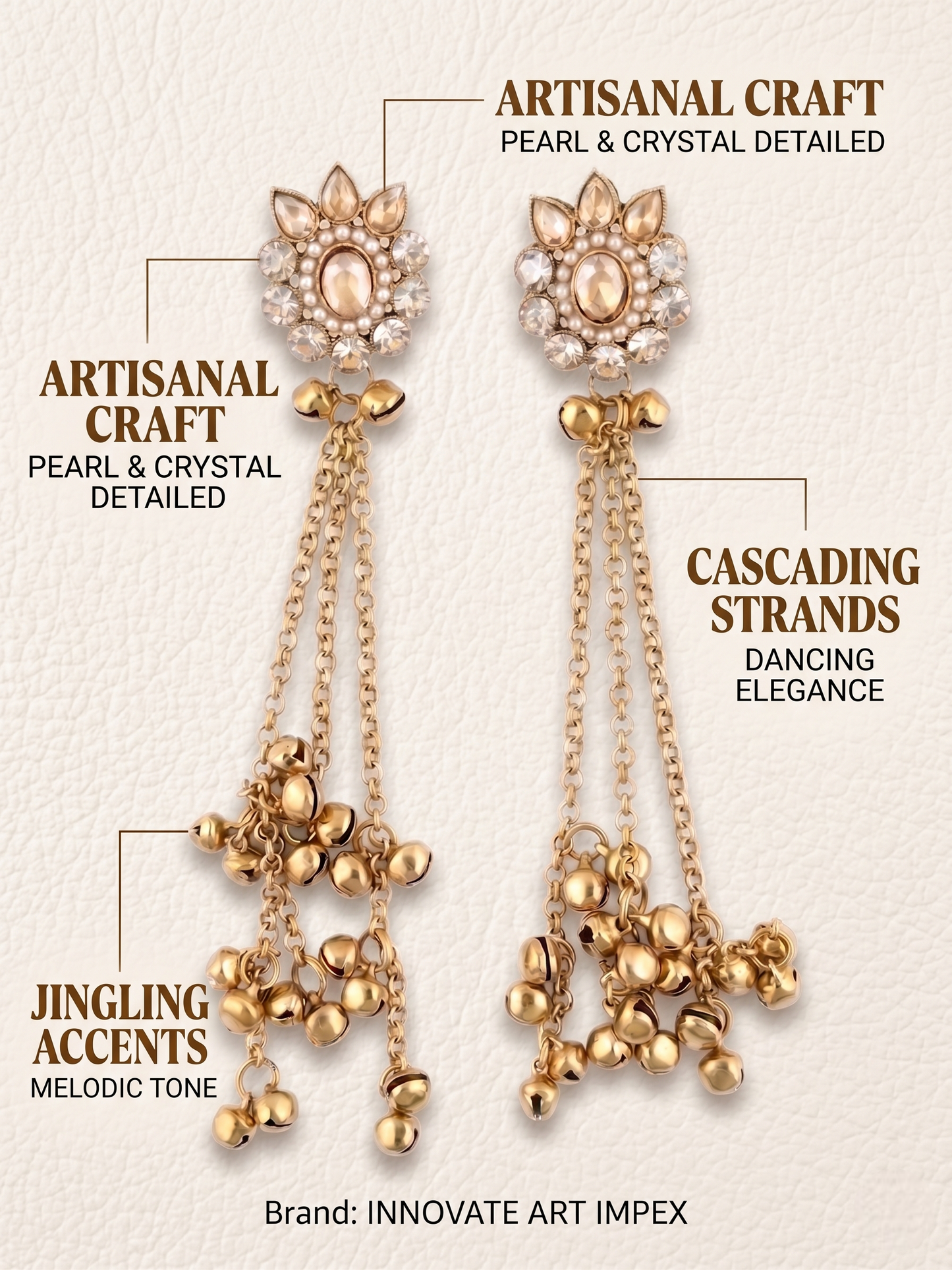 Gold earrings with pearl and crystal details on a beige background, featuring text describing their features.