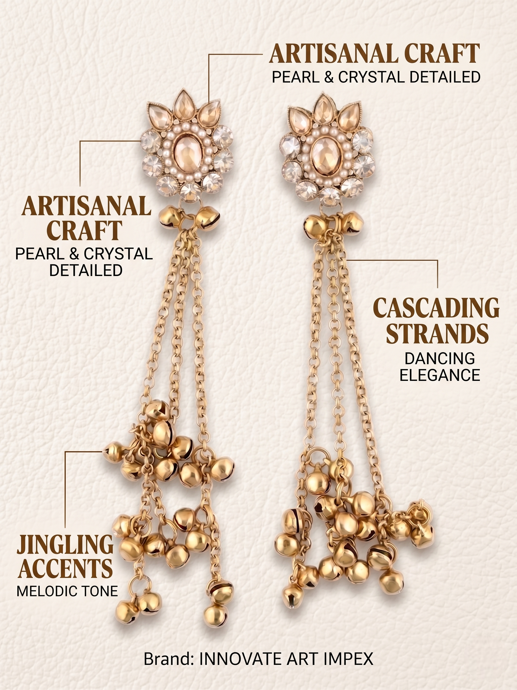 Gold earrings with pearl and crystal details on a beige background, featuring text describing their features.