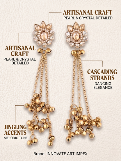 Gold earrings with pearl and crystal details on a beige background, featuring text describing their features.