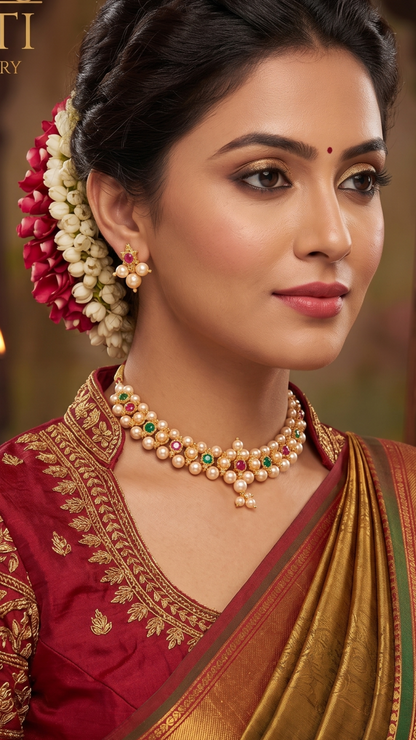 Portrait of an elegant Indian woman wearing a classic pearl and gemstone choker set with a beige neckline and red tassel dori visible.
