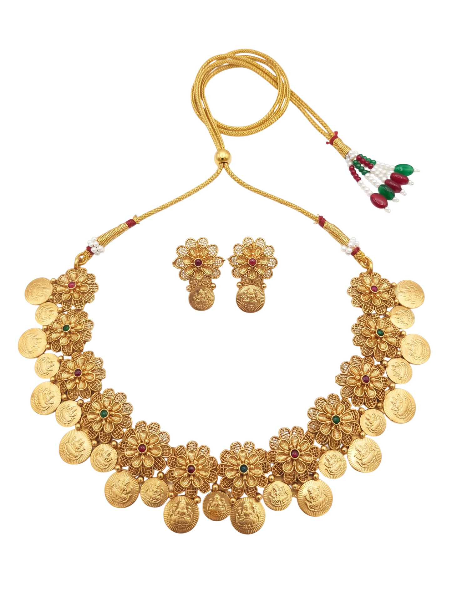 Handcrafted Antique Gold Kasu Choker Set with Floral Filigree & Lakshmi-Ganesha Coins