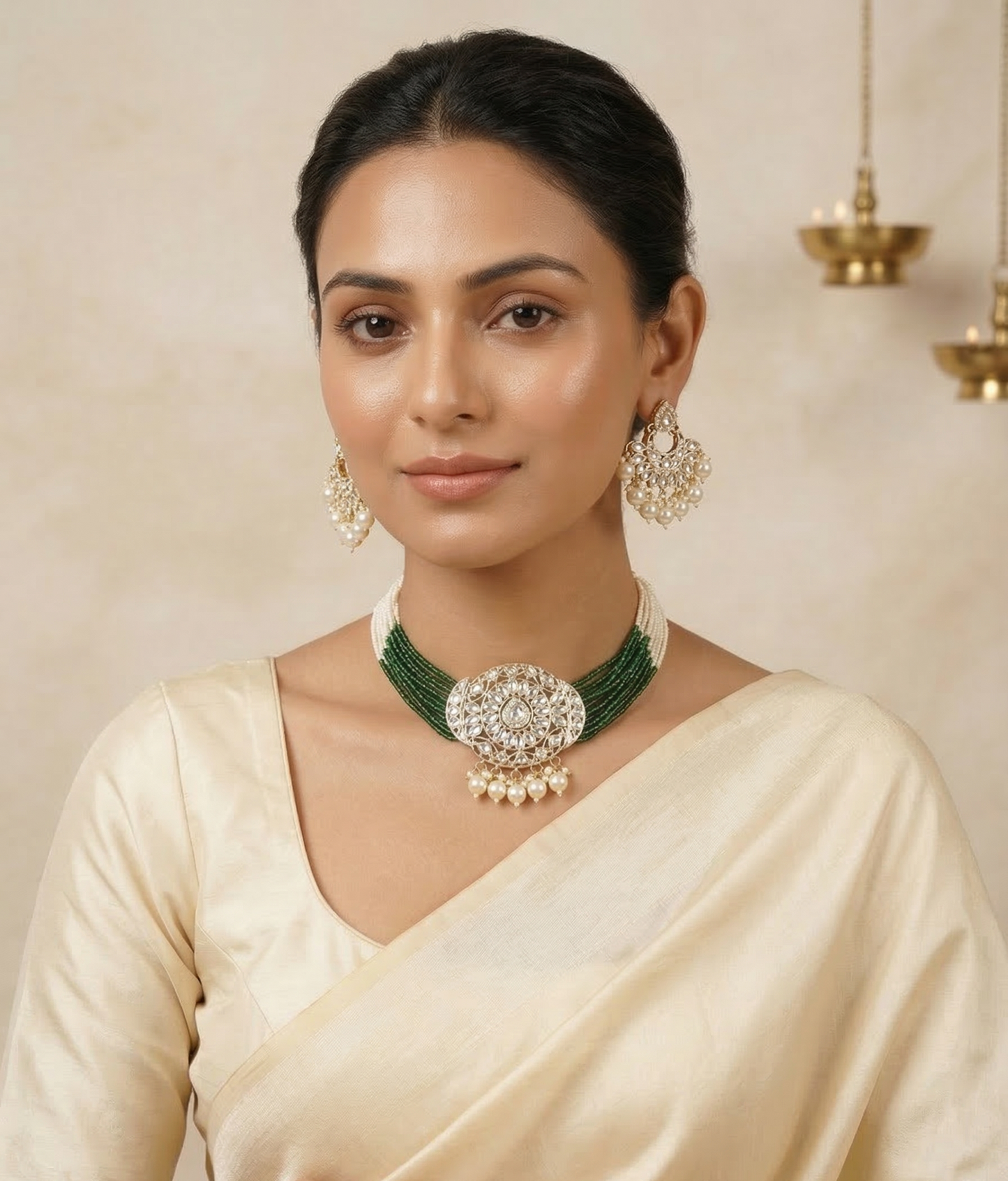 Close-up view of premium artificial Traditional Pearl & Kundan Studded Statement Choker Set for Weddings & Festive Wear by Innovate Art Impex.