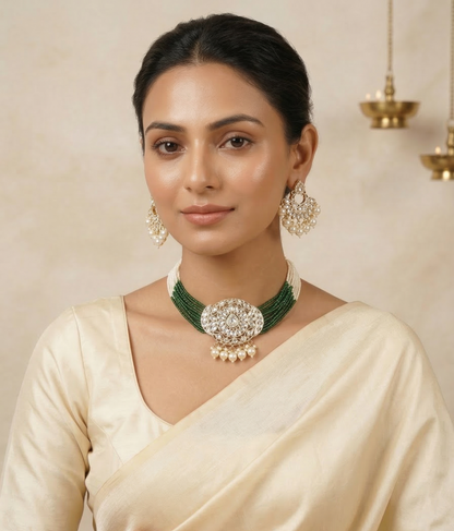 Close-up view of premium artificial Traditional Pearl & Kundan Studded Statement Choker Set for Weddings & Festive Wear by Innovate Art Impex.