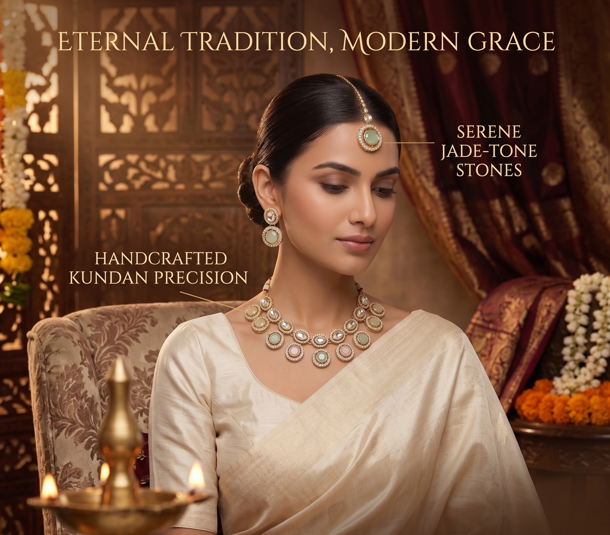 Woman wearing a traditional necklace with decorative text overlay in an elegant setting.