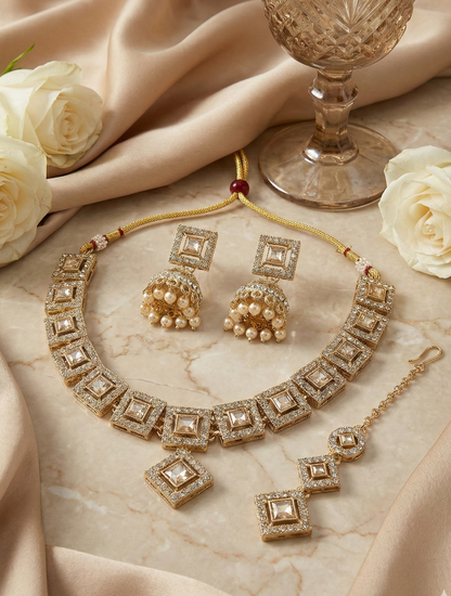 Close-up view of premium artificial Royal Antique Gold Chandbali Jhumka Earrings for Women | Premium Traditional Ethnic Jewellery | Wedding, Festive & Party Wear by Innovate Art Impex.