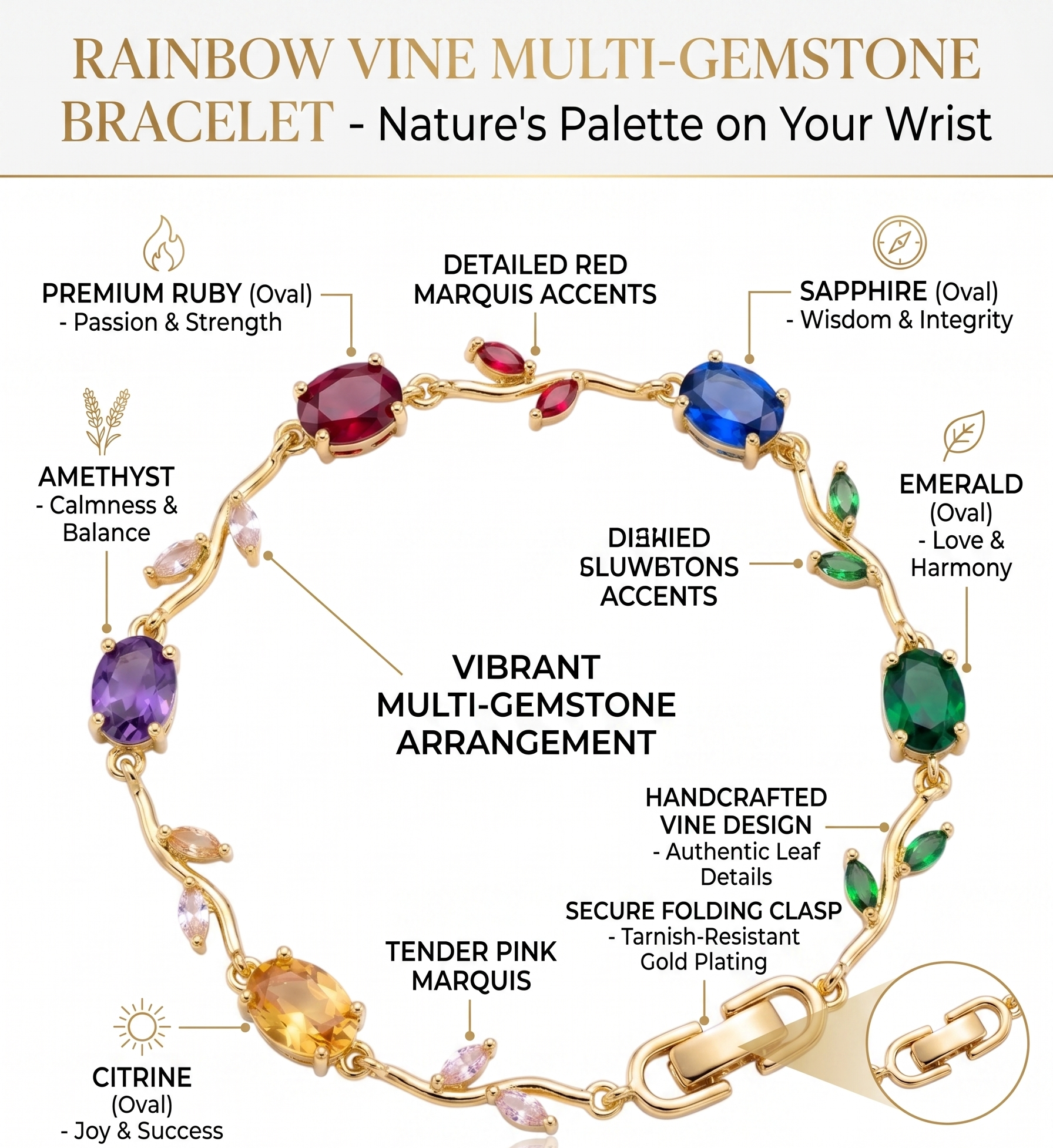 Rainbow Vine Multi-Gemstone Bracelet - Gold Plated Botanical Leaf Link Design with Oval Ruby, Sapphire, Emerald, Amethyst & Citrine