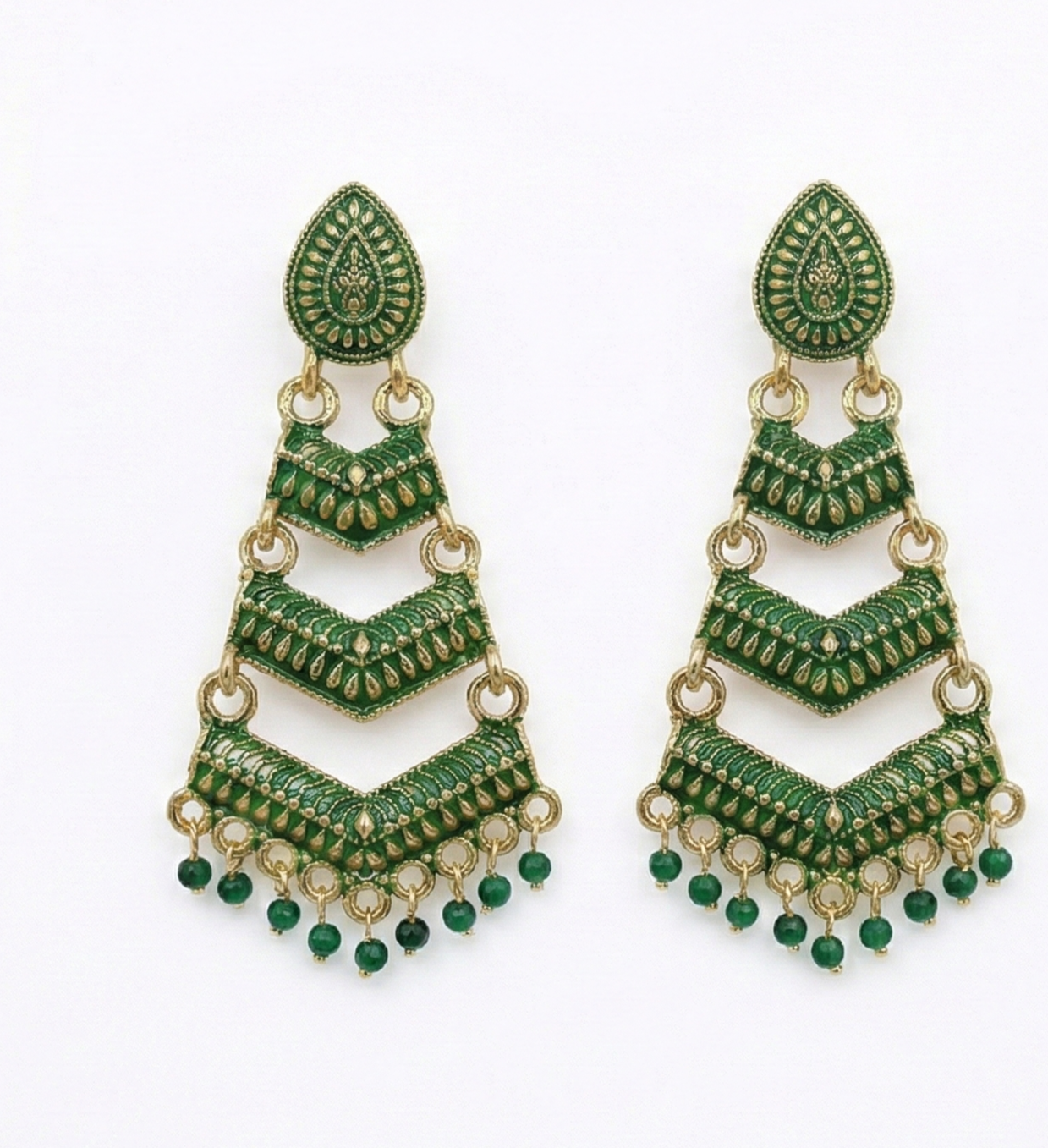 Close-up view of premium artificial Green Meenakari Gold Plated Layered Drop Earrings with Pearl Hanging by Innovate Art Impex.