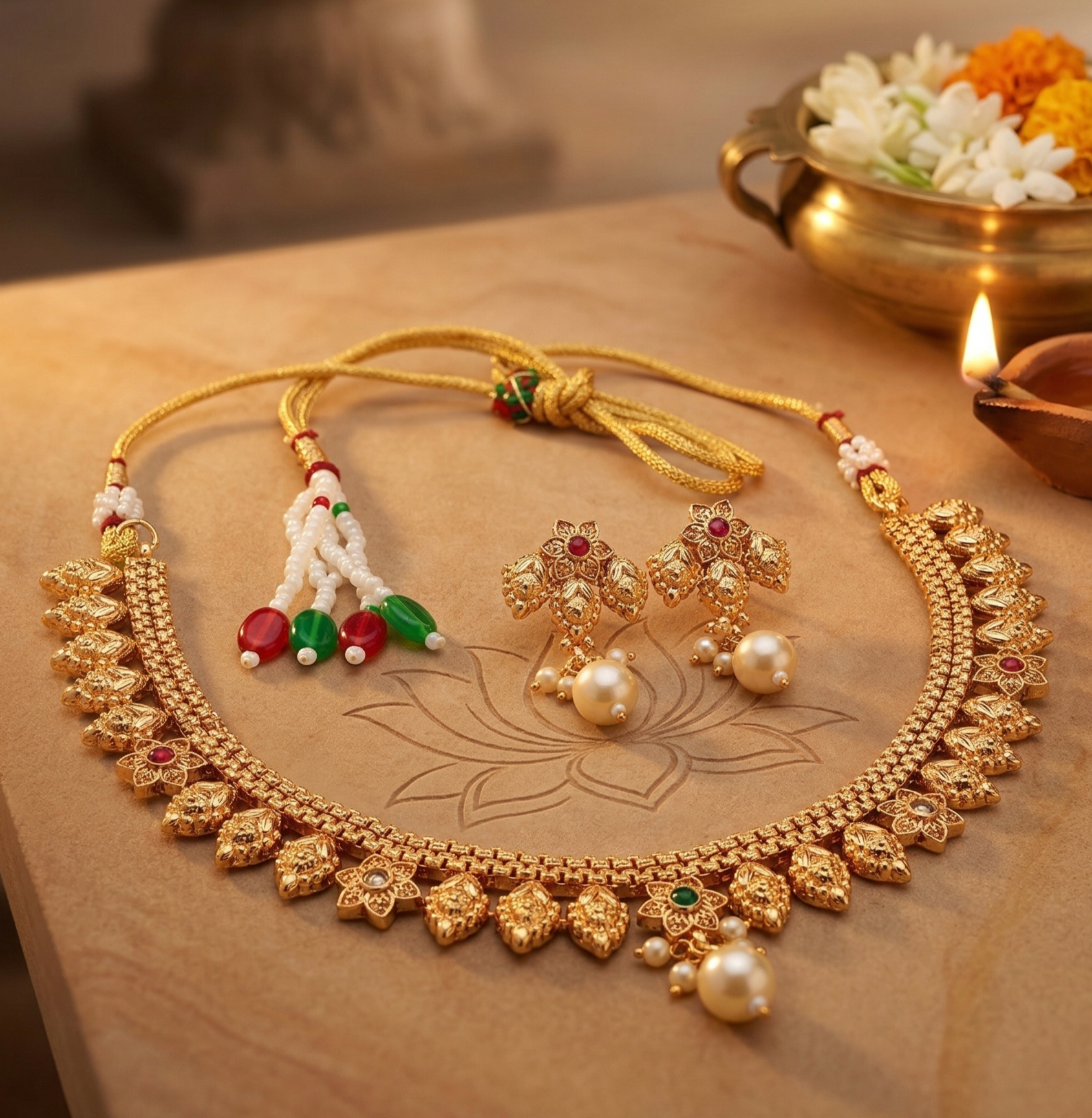 Close-up view of premium artificial Traditional Matte Gold Plated Temple Jewellery Necklace Set with Earrings for Women by Innovate Art Impex.