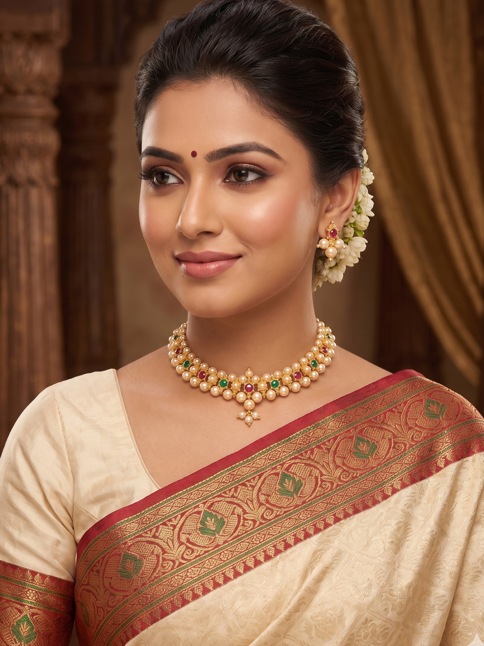 Indian woman wearing a soft beige silk outfit styled with a traditional gold-plated pearl choker necklace and matching gemstone stud earrings.