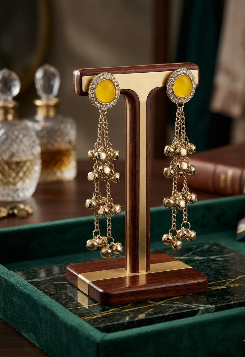 Close-up view of premium artificial Vibrant Yellow Stone & Gold Bell Tassel Statement Earrings Gold Plated Kundan Drop Earrings with Ghungroo Tassels – Traditional Fusion Long Chain Hangings for Women & Girls by Innovate Art Impex.