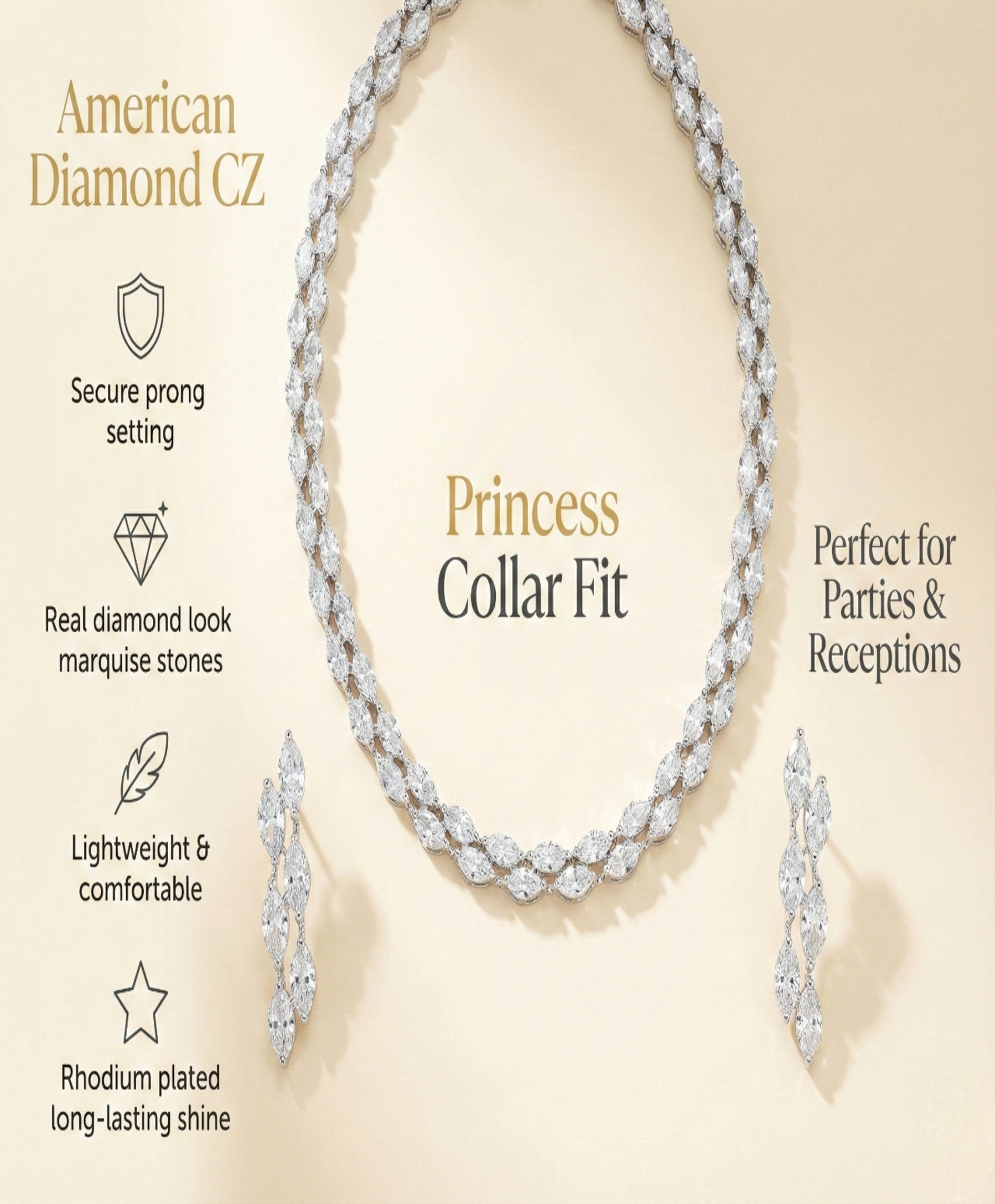 Close-up view of premium artificial Elegant Marquise Cut American Diamond Necklace Set with Drop Earrings by Innovate Art Impex.
