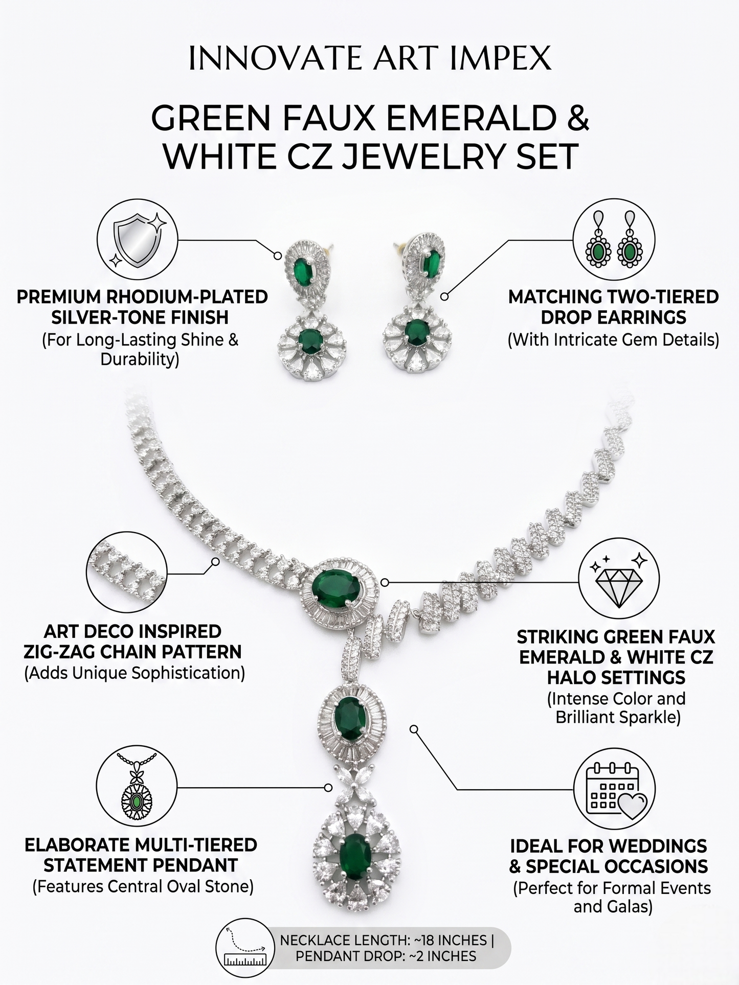 Green faux emerald and white CZ jewelry set with detailed features on a white background