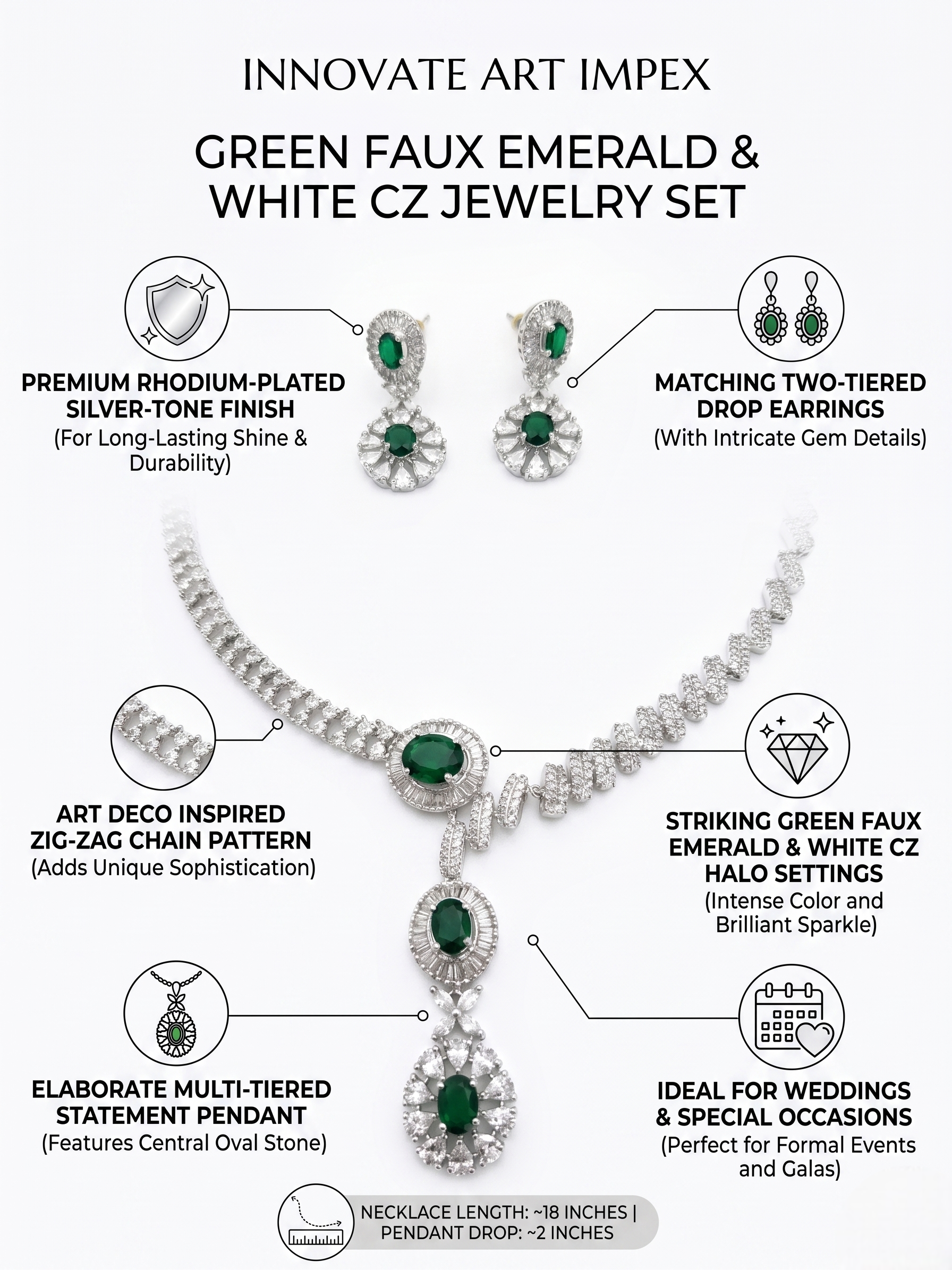 Green faux emerald and white CZ jewelry set with detailed features on a white background
