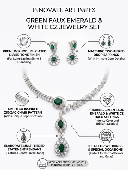 Green faux emerald and white CZ jewelry set with detailed features on a white background