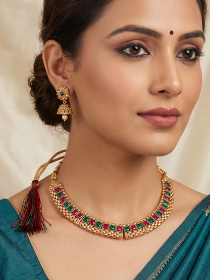 Woman wearing a gold necklace with red and green gemstones and matching earrings.