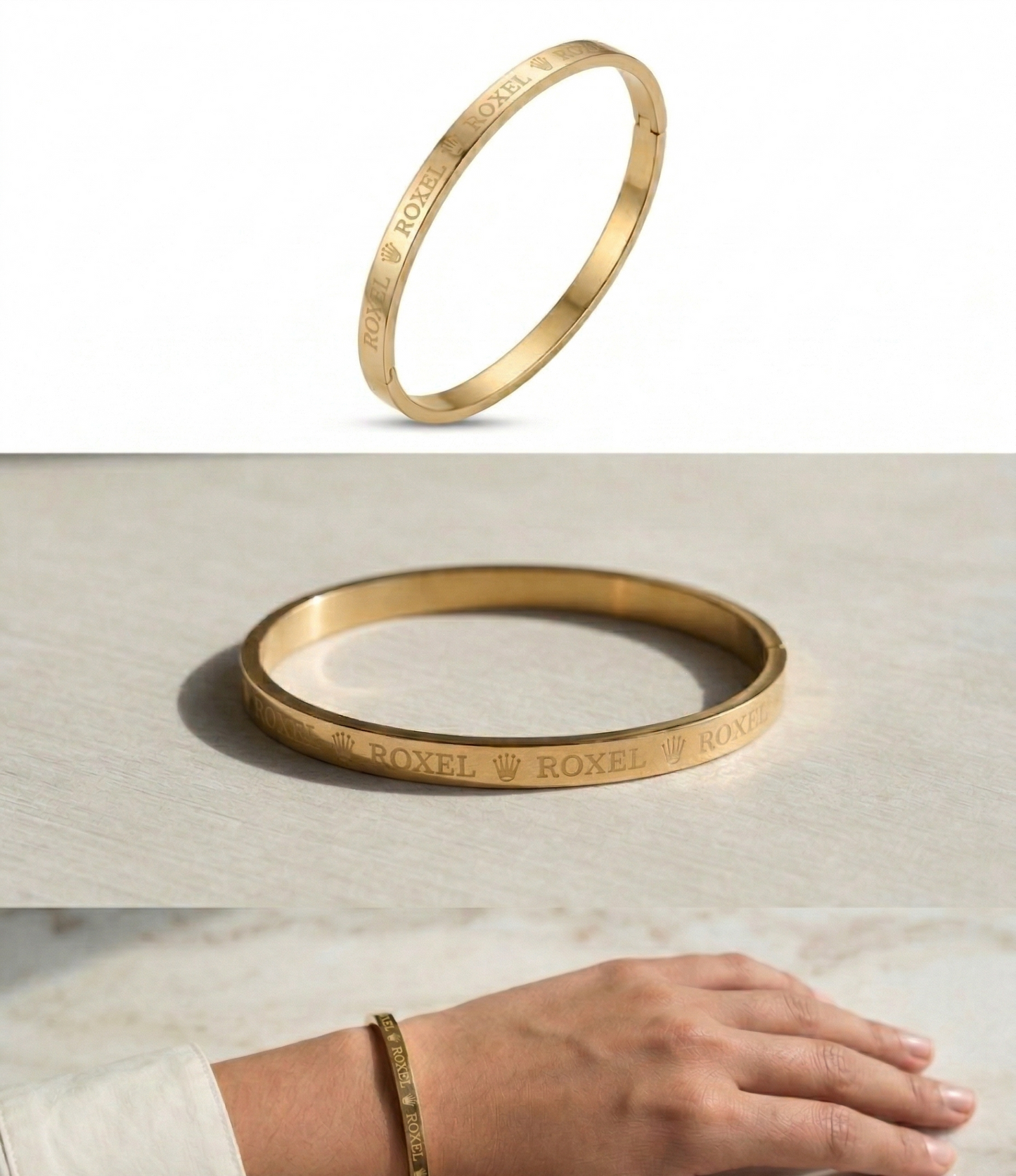 Close-up view of premium artificial Premium Gold-Plated Crown Engraved Bangle | Minimalist Designer Cuff Bracelet for Men & Women by Innovate Art Impex.