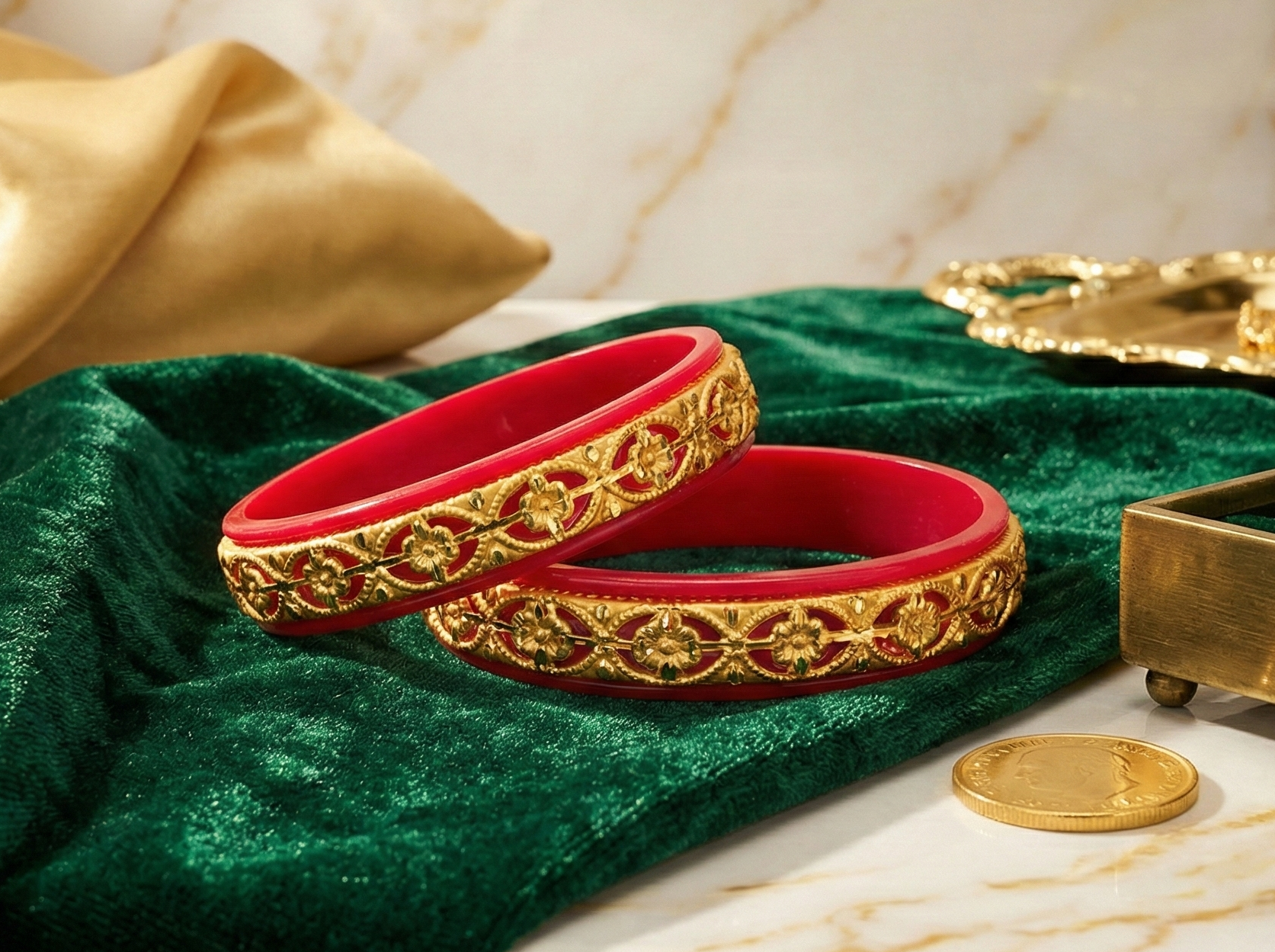 Close-up view of premium artificial Women Traditional Red Gold Plated Designer Bangles Set | Bridal Ethnic Kada | Wedding & Festive Wear Jewellery by Innovate Art Impex.