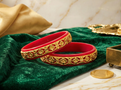 Close-up view of premium artificial Women Traditional Red Gold Plated Designer Bangles Set | Bridal Ethnic Kada | Wedding & Festive Wear Jewellery by Innovate Art Impex.