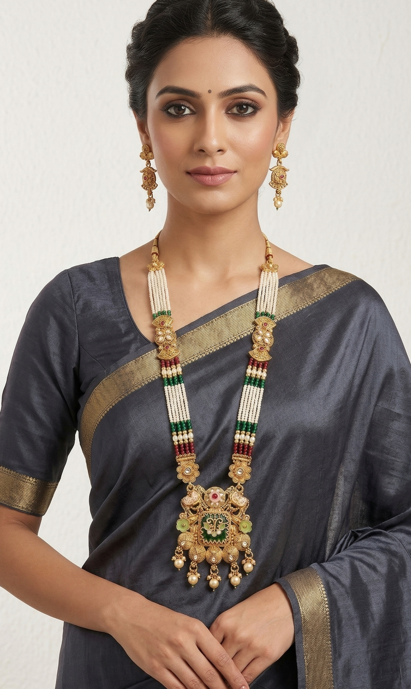 Close-up view of premium artificial Heritage Meenakari & Pearl Multi-Strand Long Necklace Set (Rani Haar) by Innovate Art Impex.