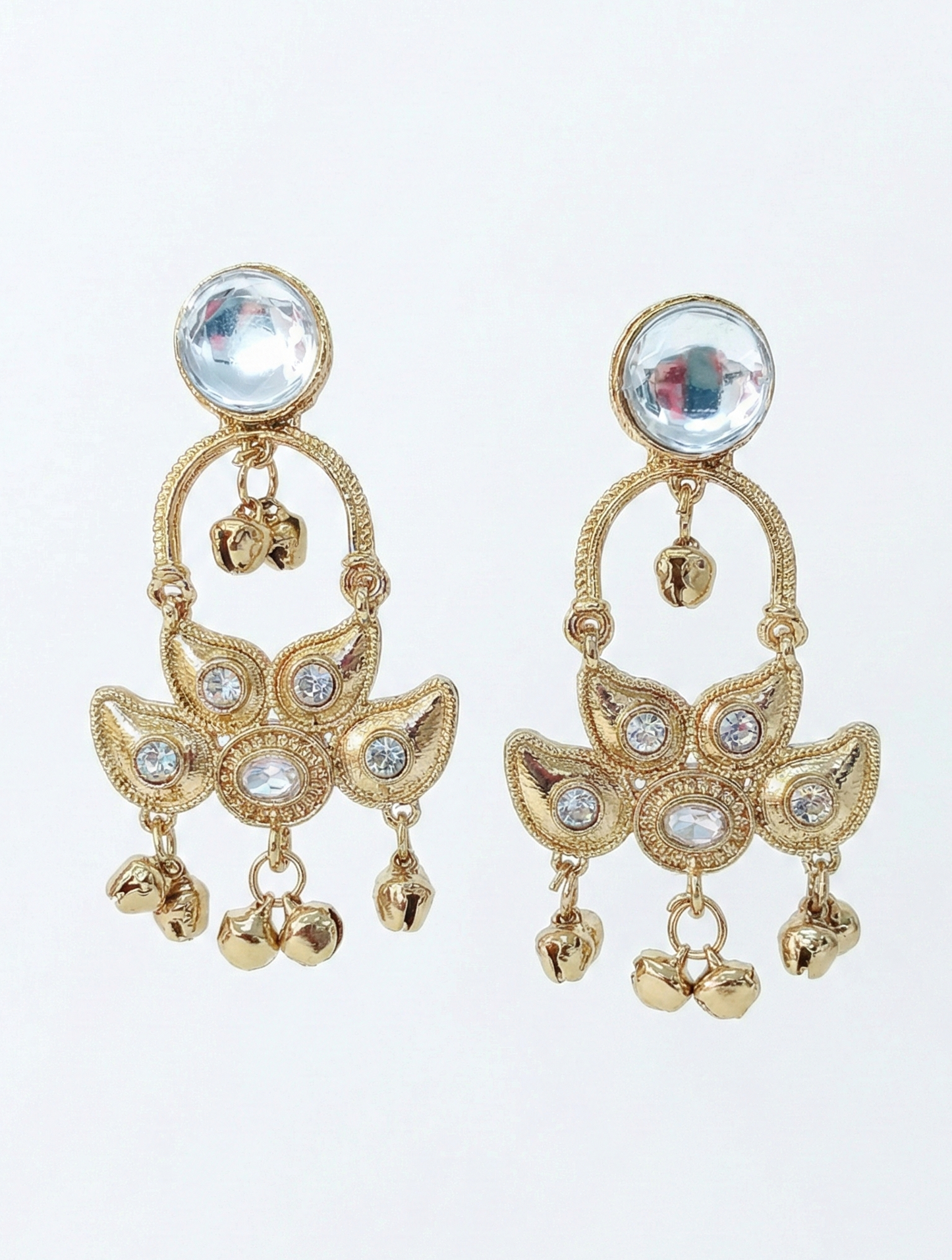 Close-up view of premium artificial Traditional Gold Plated Kundan Style Chandelier Earrings with Ghungroo by Innovate Art Impex.