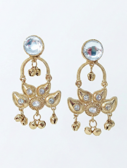 Close-up view of premium artificial Traditional Gold Plated Kundan Style Chandelier Earrings with Ghungroo by Innovate Art Impex.