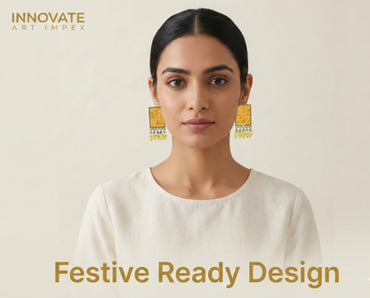 Close-up view of premium artificial Yellow Meenakari Gold Plated Pearl Drop Earrings for Women | Traditional Ethnic Dangle Earrings by Innovate Art Impex.
