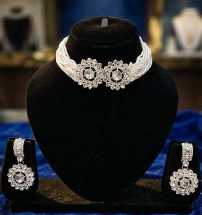 Close-up view of premium artificial Elegant Multi-Strand Faux Pearl Choker Set with Floral Motifs by Innovate Art Impex.