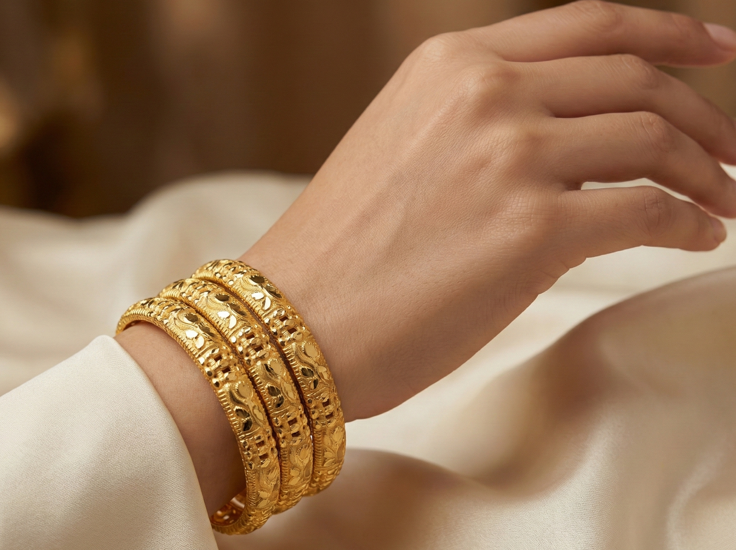 Close-up view of premium artificial INNOVATE ART IMPEX Traditional Gold-Plated Bangles Set of 4 for Women (Size 2.6) | Antique Brass & Alloy Ethnic Churi | Handcrafted Daily & Festive Kada Set for Ladies & Girls by Innovate Art Impex.