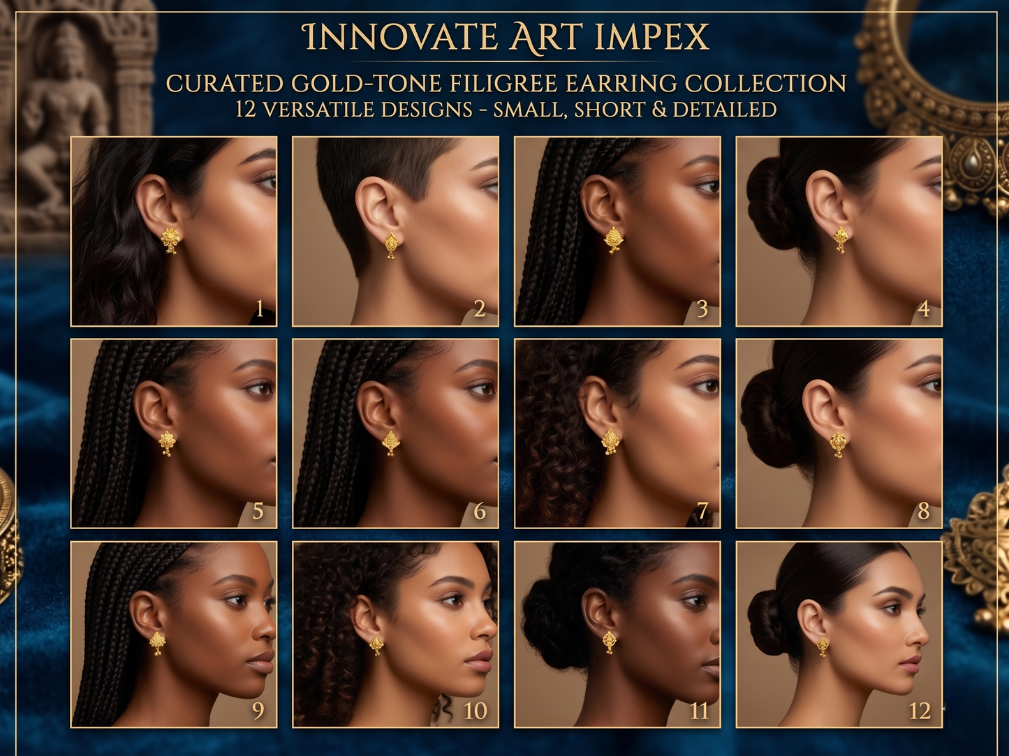 Earring collection with models wearing gold-tone filigree earrings on a blue background.
